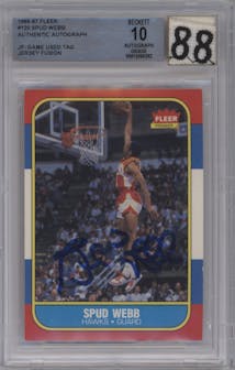 Spud Webb from the 1986-87 Fleer set featuring a JF-Game Used Patch parallel graded by Beckett.