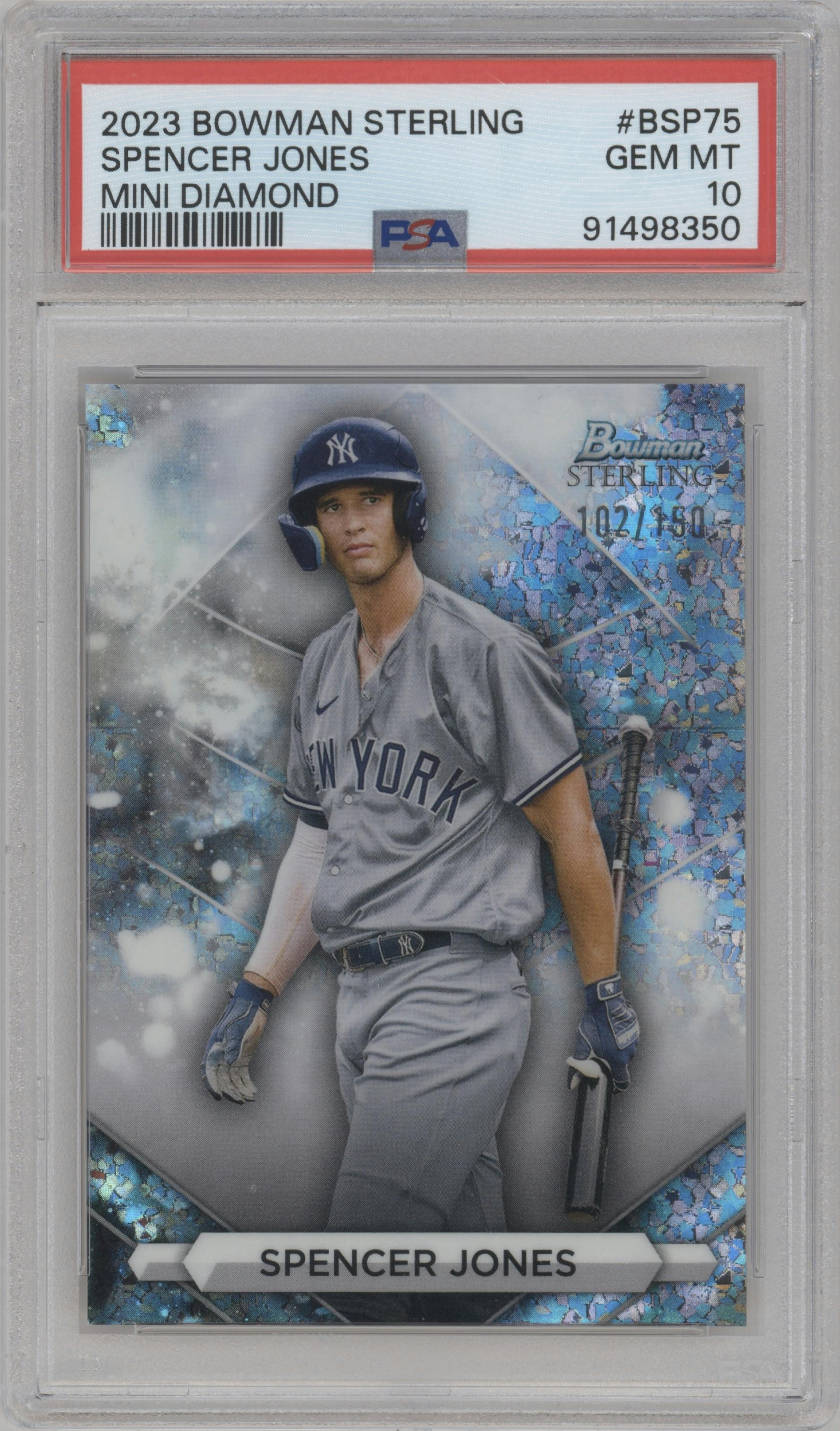 Spencer Jones from the 2023 Bowman Sterling set featuring a Mini-Diamond Refractor parallel graded by PSA and given an overall grade of 10.
