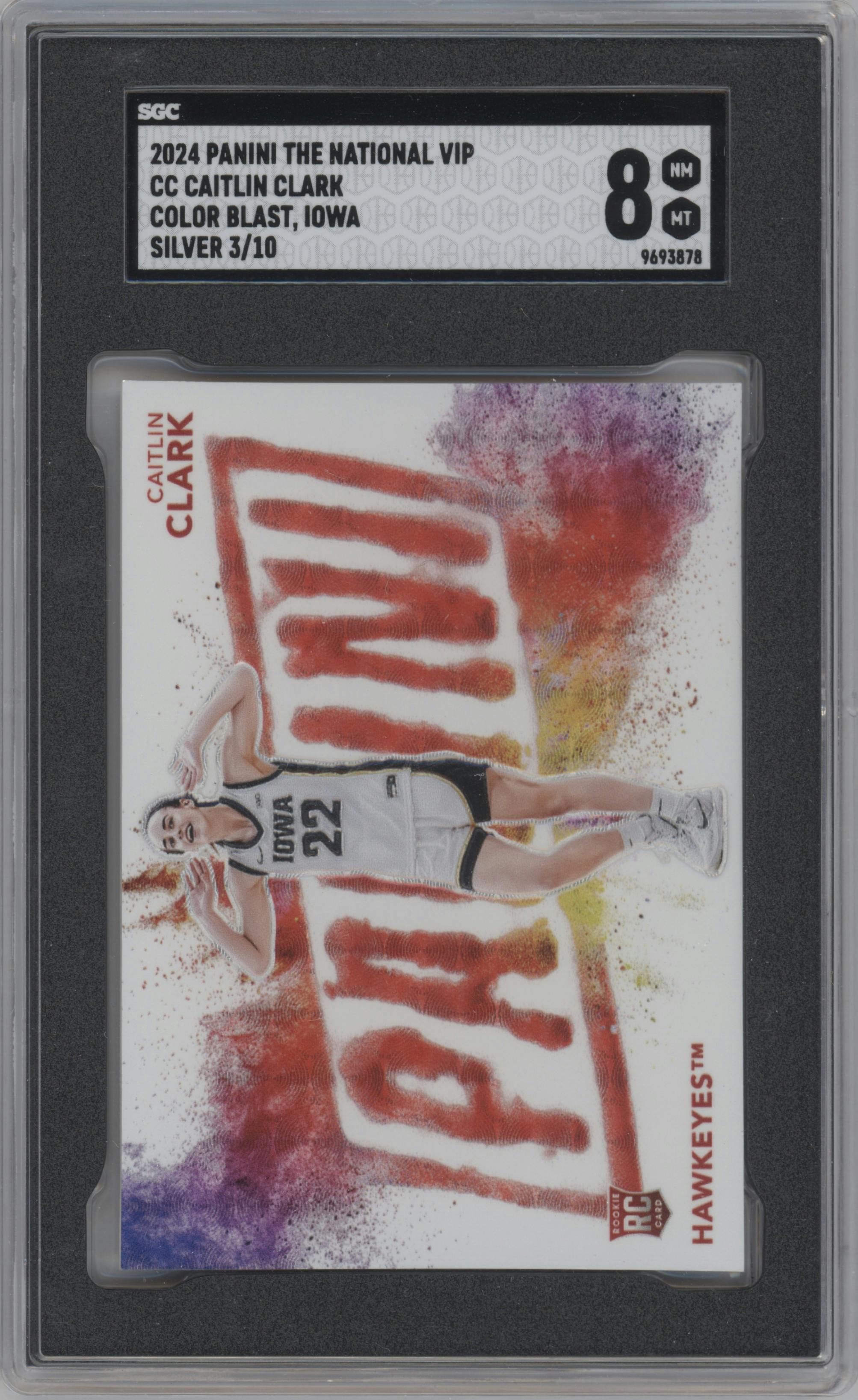 Caitlin Clark from the 2024 Panini The National VIP set featuring a Silver parallel graded by SGC and given an overall grade of 8.