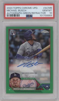 Michael Busch from the 2023 Topps Chrome Update set featuring a Green Refractor parallel graded by PSA and given an overall grade of 10.