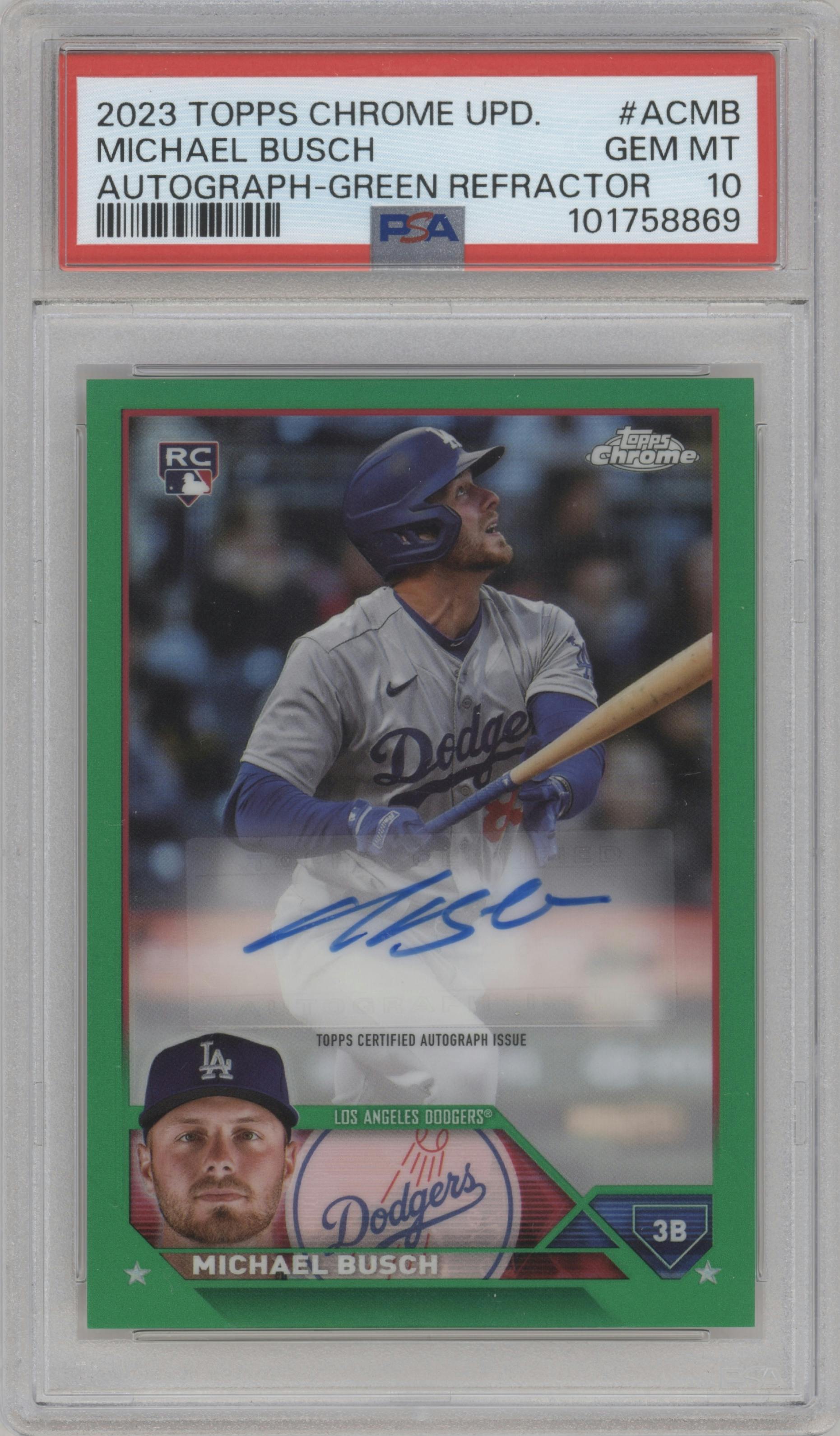 Michael Busch from the 2023 Topps Chrome Update set featuring a Green Refractor parallel graded by PSA and given an overall grade of 10.