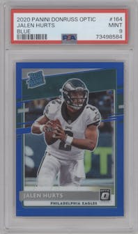 Jalen Hurts from the 2020 Panini Donruss Optic set featuring a Blue parallel graded by PSA and given an overall grade of 9.