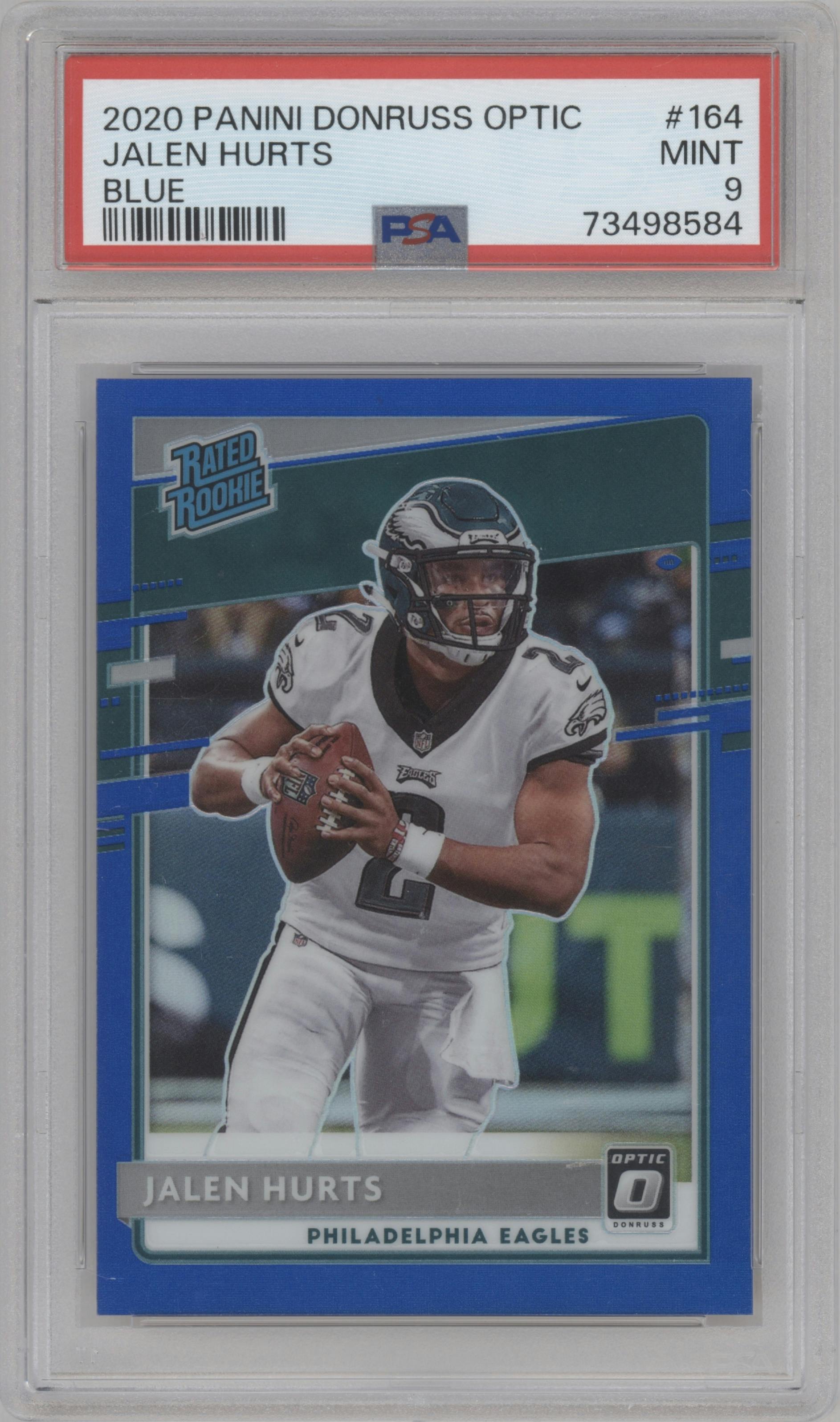 Jalen Hurts from the 2020 Panini Donruss Optic set featuring a Blue parallel graded by PSA and given an overall grade of 9.