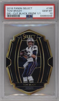 Tom Brady from the 2018 Panini Select set featuring a Die-Cut Black Prizm  parallel graded by PSA and given an overall grade of 10.