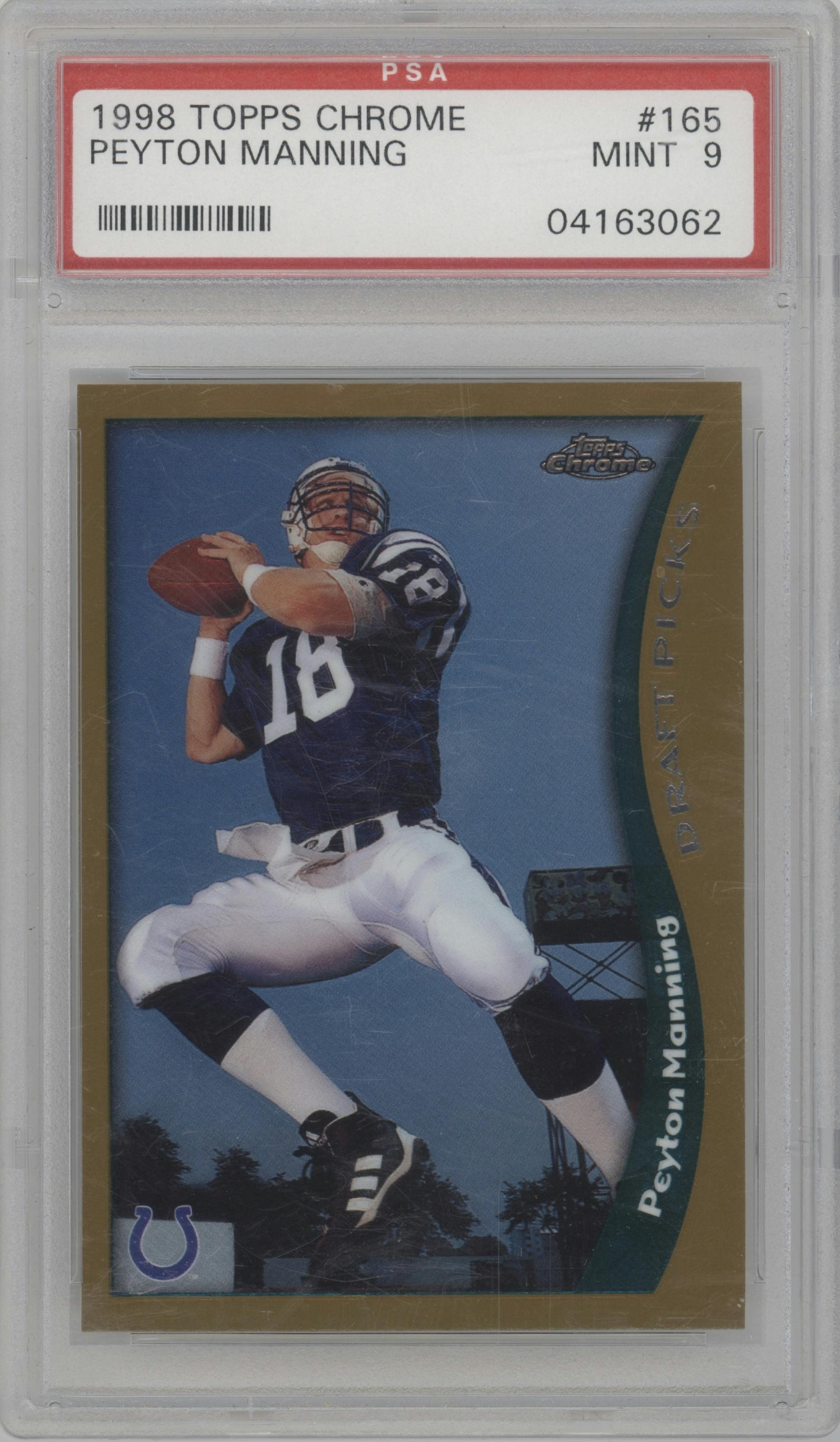 Peyton Manning from the 1998 Topps Chrome set graded by PSA and given an overall grade of 9.