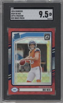 Bo Nix from the 2024 Donruss set featuring a Red Wave parallel graded by SGC and given an overall grade of 9.5.