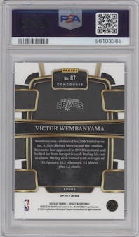 Victor Wembanyama from the 2023-24 Panini Select  set featuring a Blue Cracked Ice parallel graded by PSA and given an overall grade of 9.