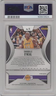 Shaquille O'Neal from the 2019-20 Panini Prizm set featuring a Choice Tiger Stripe parallel graded by PSA and given an overall grade of 9.