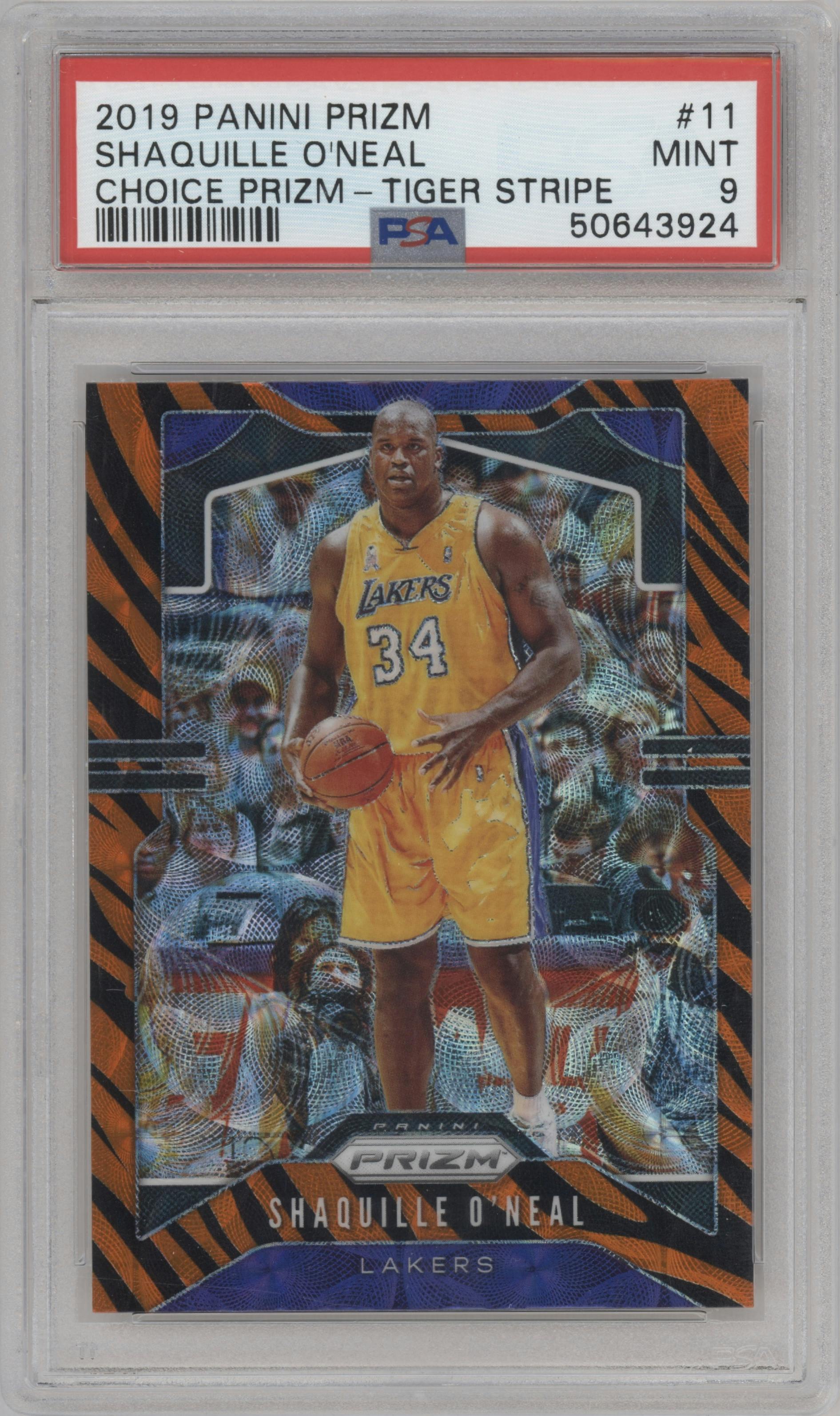 Shaquille O'Neal from the 2019-20 Panini Prizm set featuring a Choice Tiger Stripe parallel graded by PSA and given an overall grade of 9.