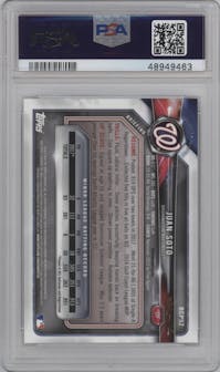 Juan Soto from the 2018 Bowman Chrome Mega Box set featuring a Purple Refractor parallel graded by PSA and given an overall grade of 10.