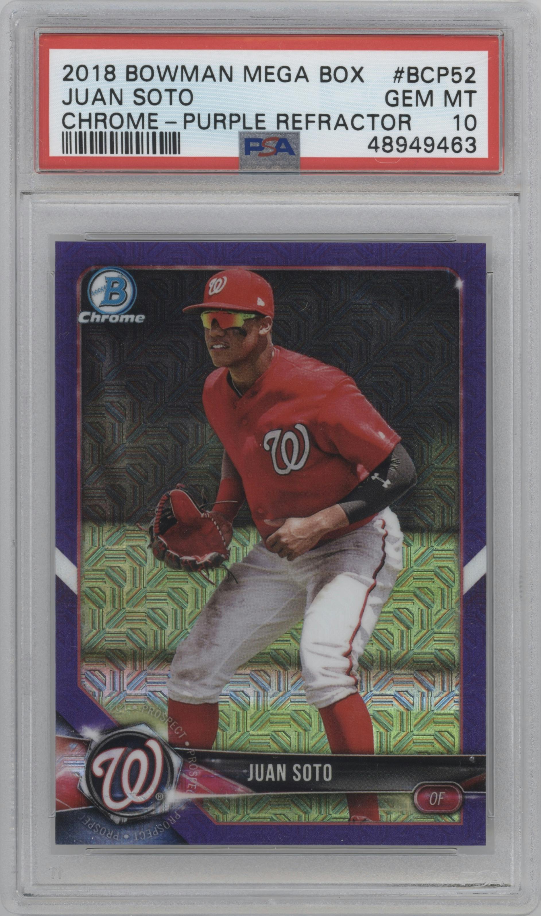 Juan Soto from the 2018 Bowman Chrome Mega Box set featuring a Purple Refractor parallel graded by PSA and given an overall grade of 10.