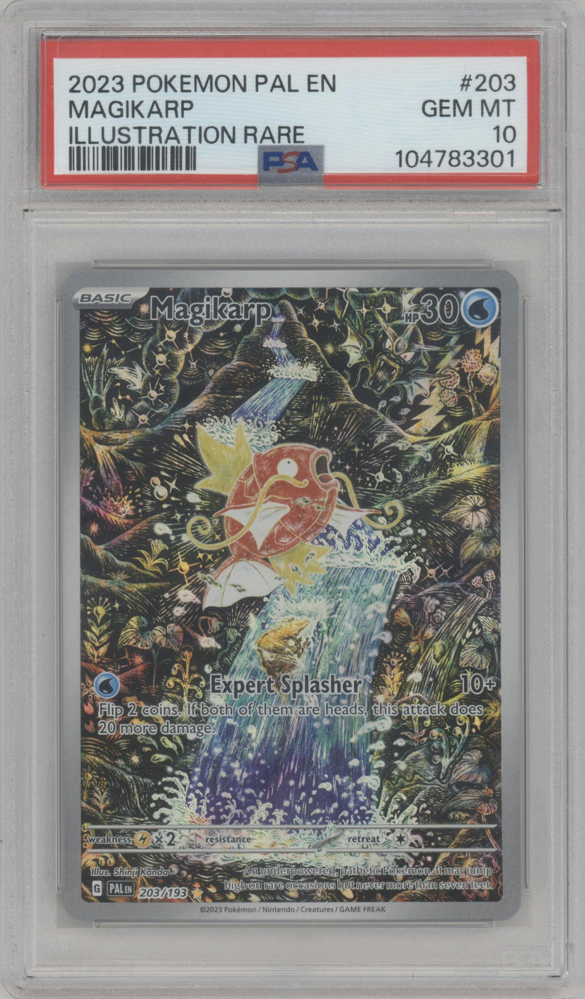 Magikarp from the 2023 Pokemon SV set graded by PSA and given an overall grade of 10.