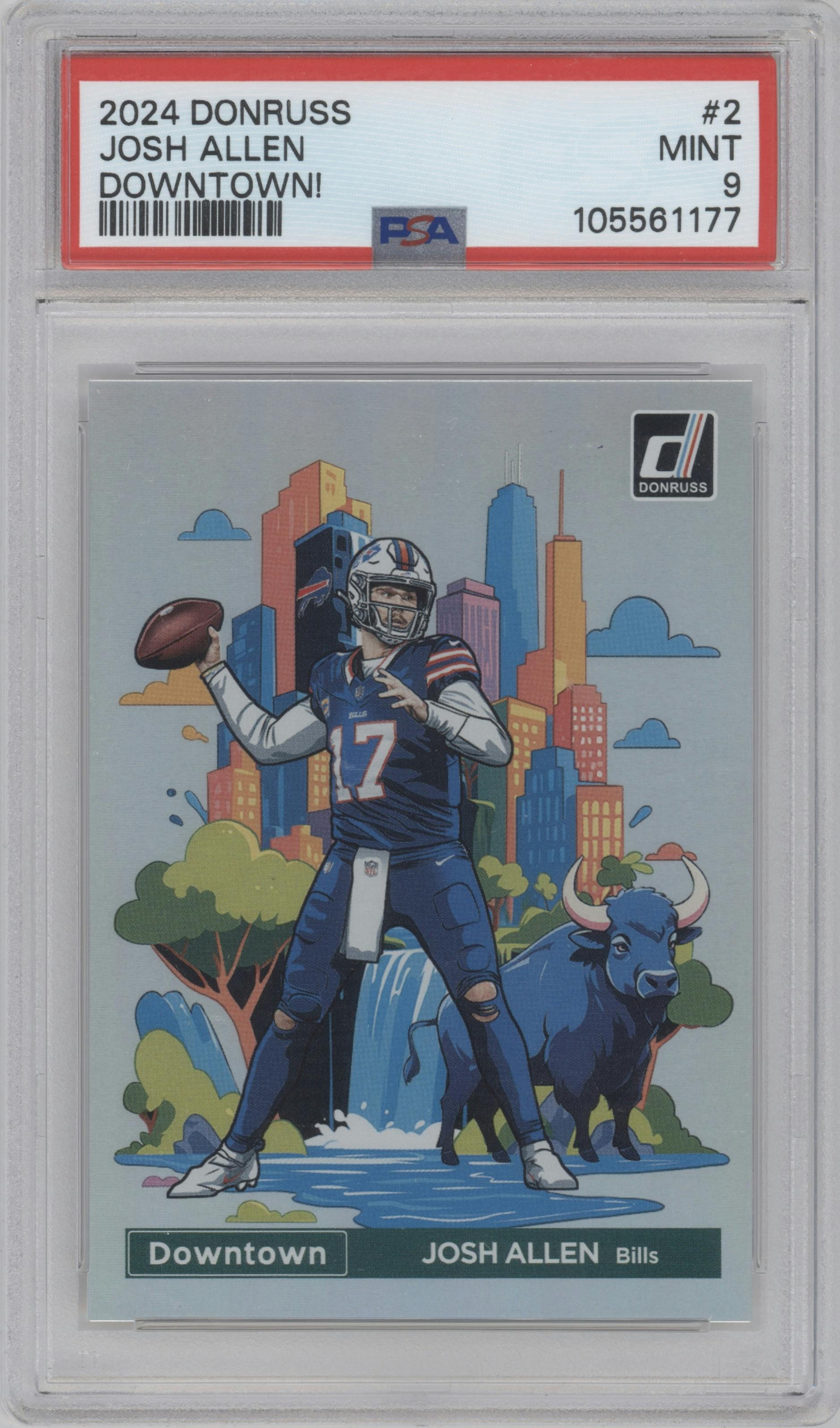 Josh Allen from the 2024 Donruss set graded by PSA and given an overall grade of 9.