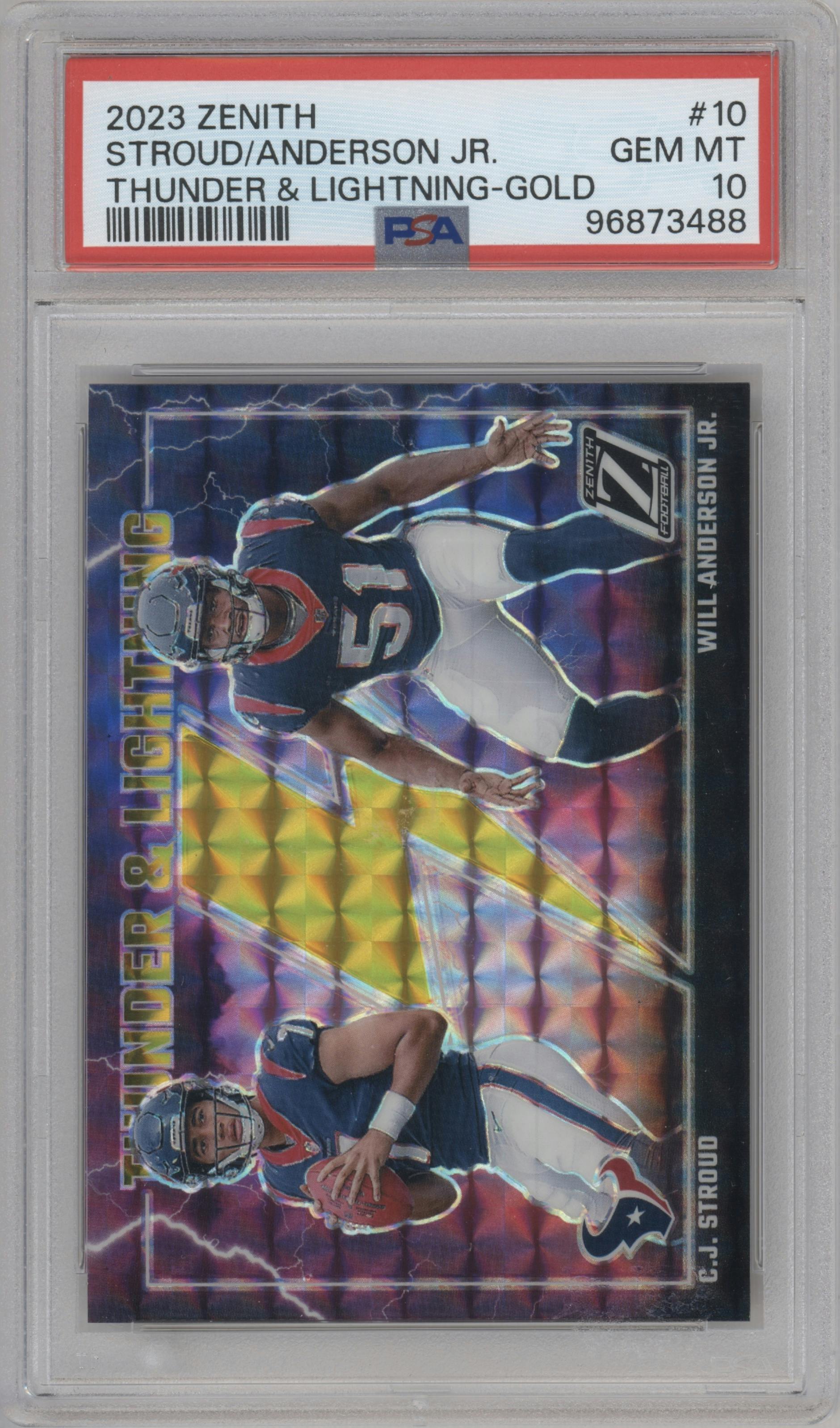 C.J. Stroud/Will Anderson Jr. from the 2023 Panini Zenith set featuring a Gold parallel graded by PSA and given an overall grade of 10.