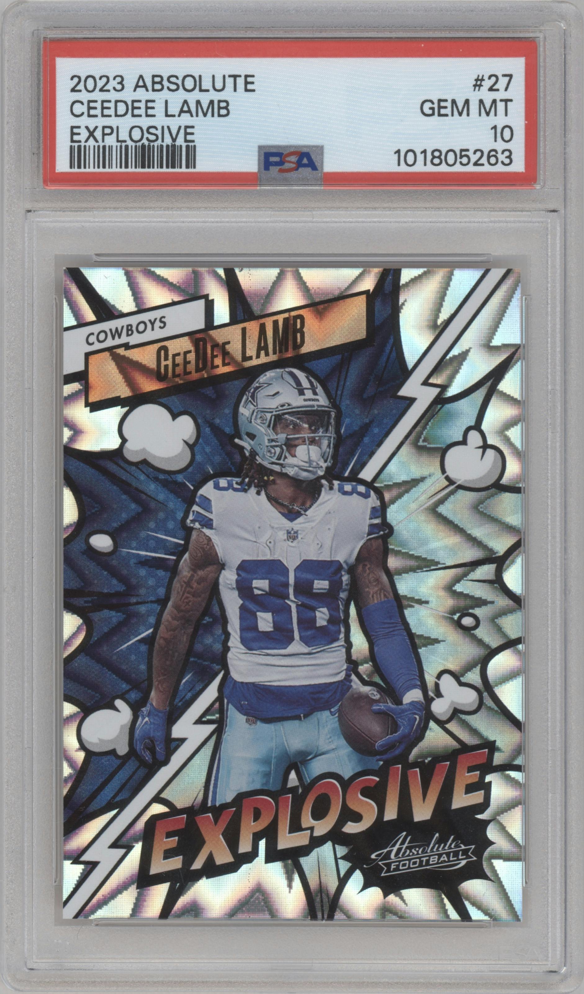 CeeDee Lamb from the 2023 Panini Absolute set graded by PSA and given an overall grade of 10.