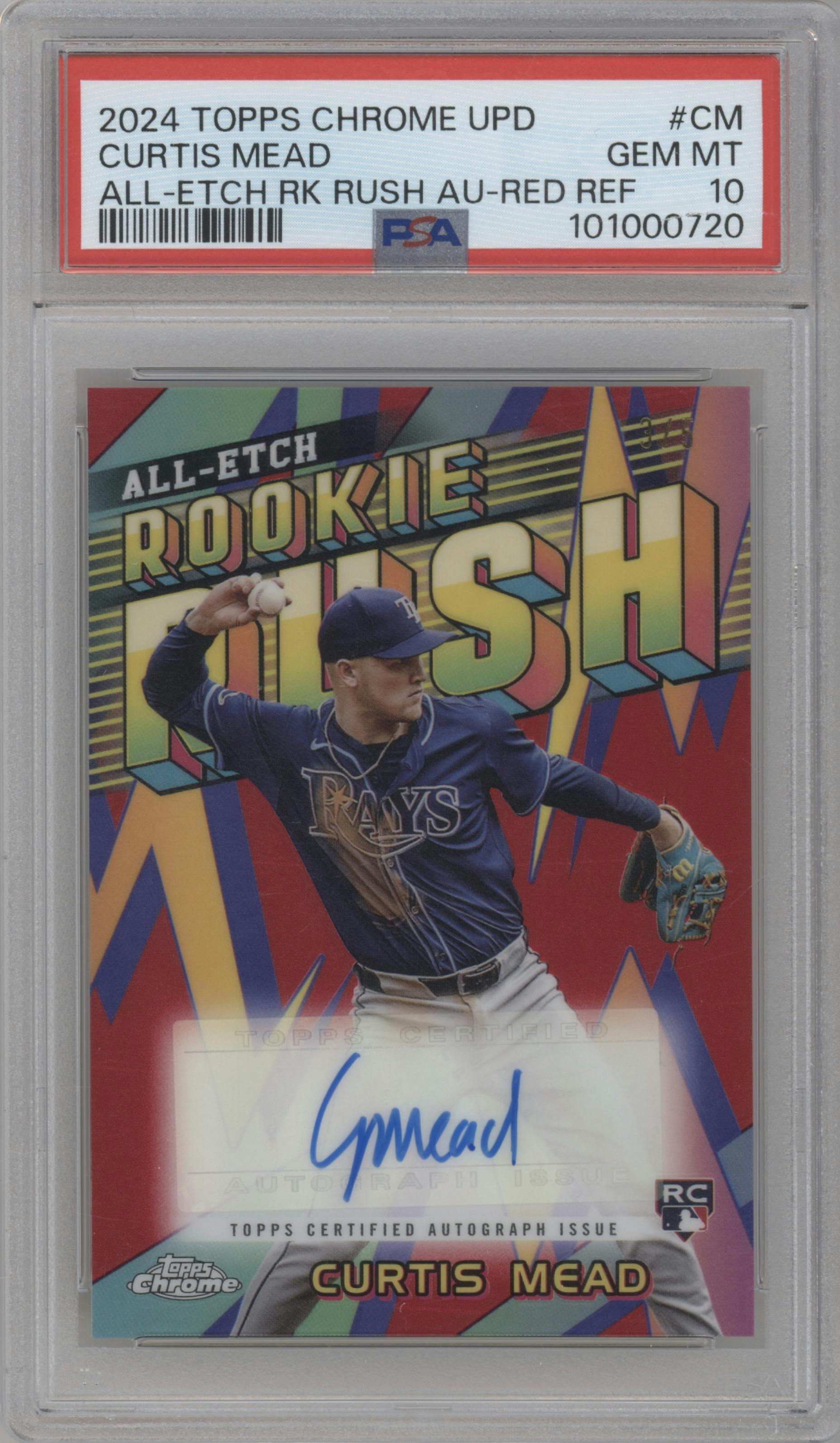 Curtis Mead from the 2024 Topps Chrome Update set featuring a Red Refractors parallel graded by PSA and given an overall grade of 10.