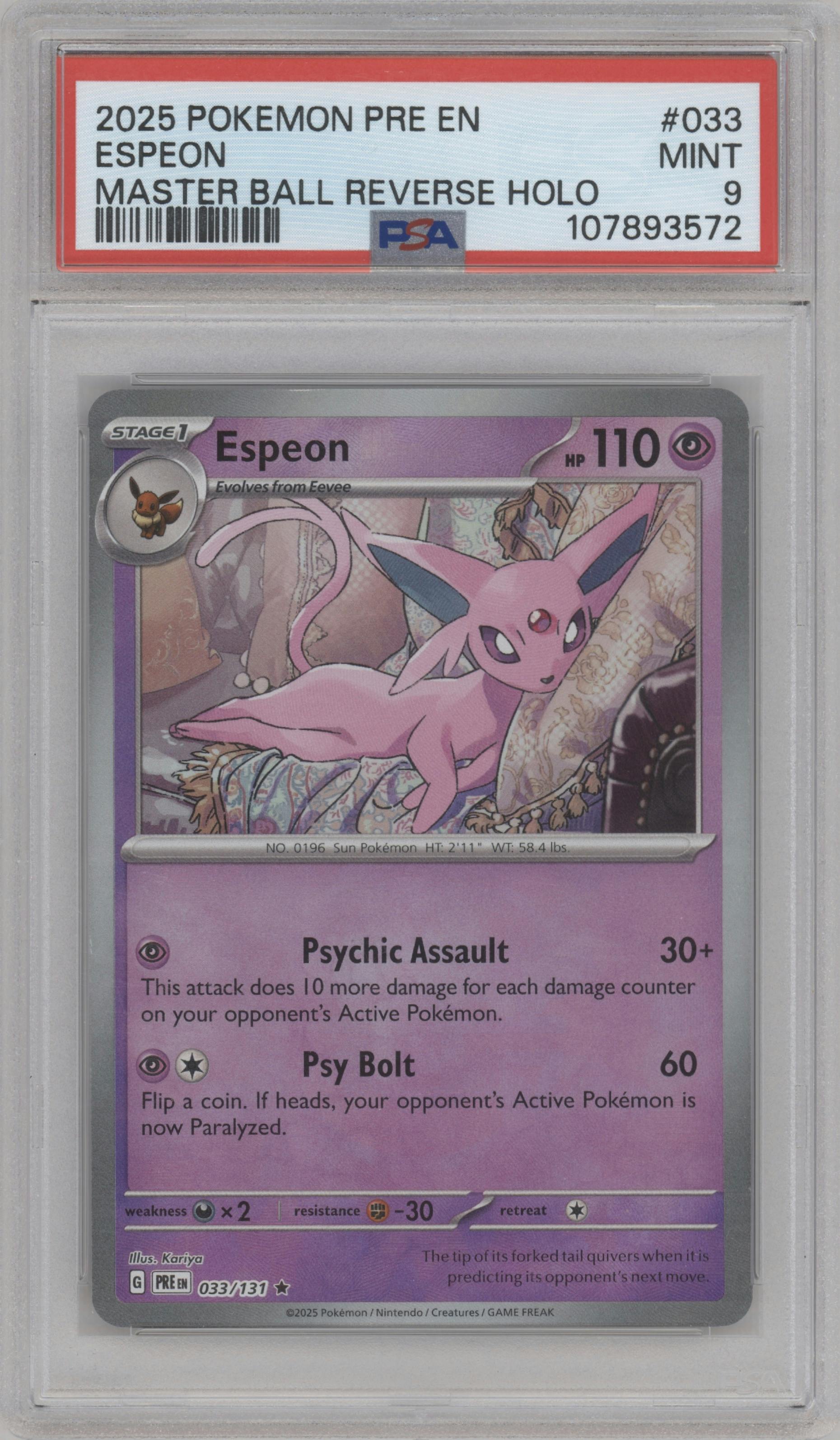 Espeon from the 2025 Pokemon SV set featuring a Master Ball parallel graded by PSA and given an overall grade of 9.