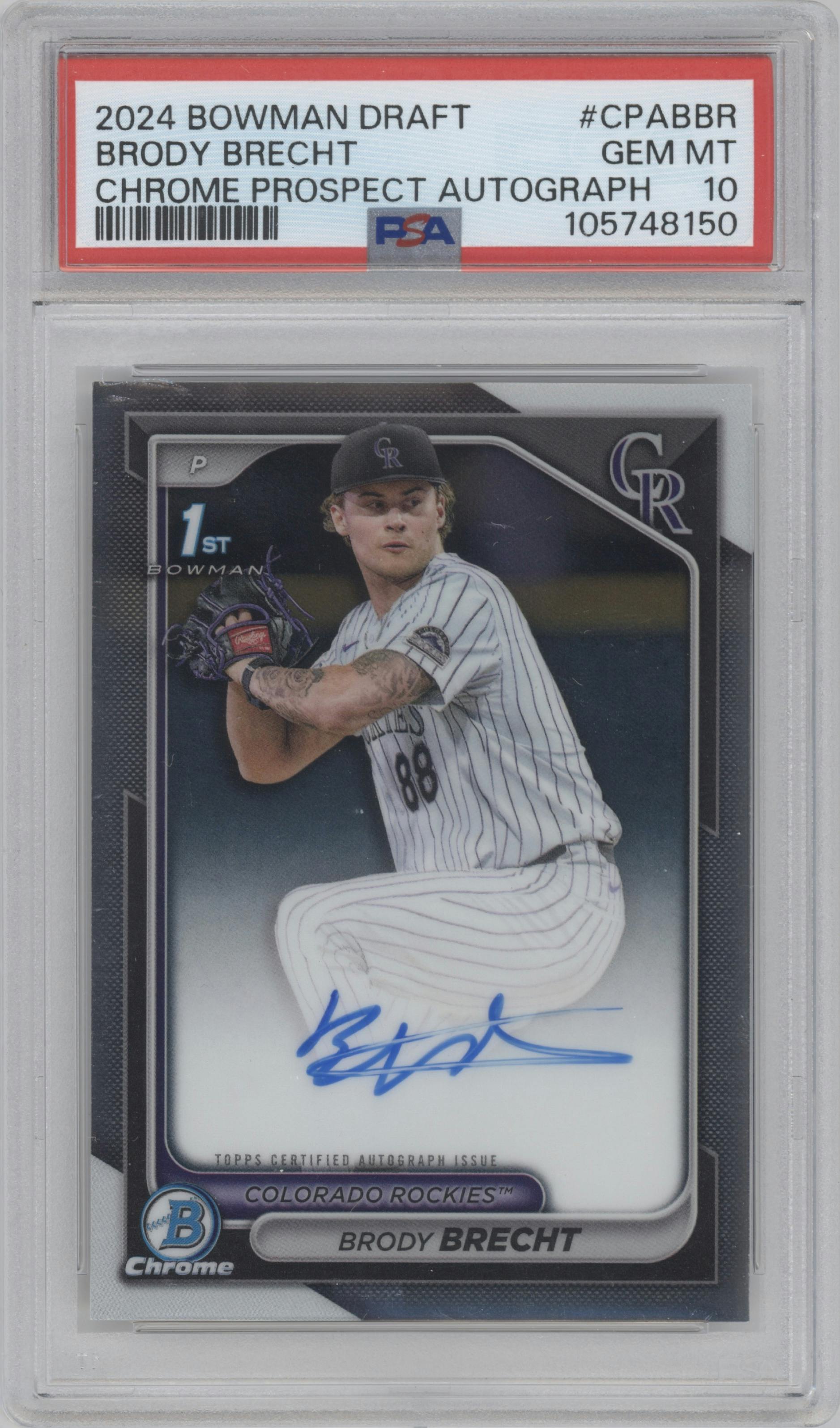 Brody Brecht  from the 2024 Bowman Draft set graded by PSA and given an overall grade of 10.