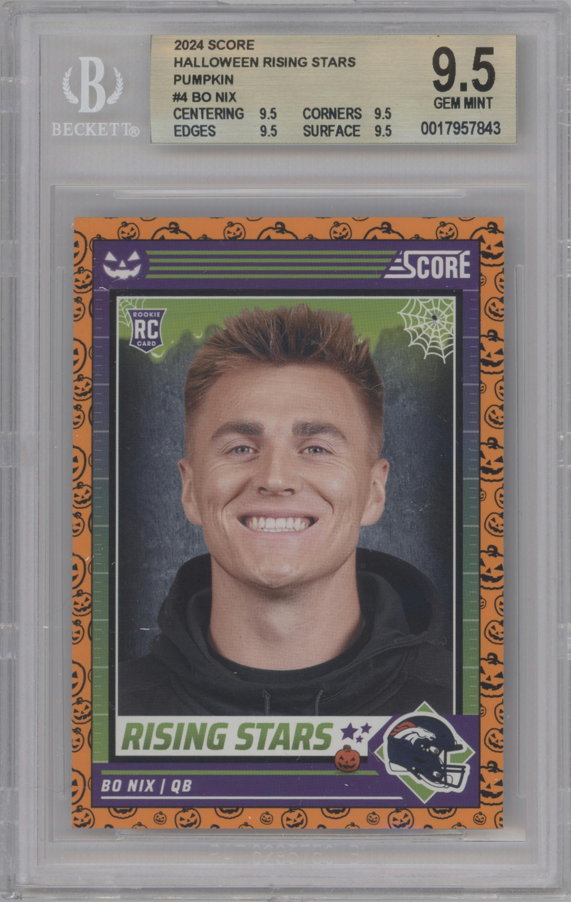 Bo Nix from the 2024 Score-a-Treat set featuring a Pumpkin parallel graded by Beckett and given an overall grade of 9.5.