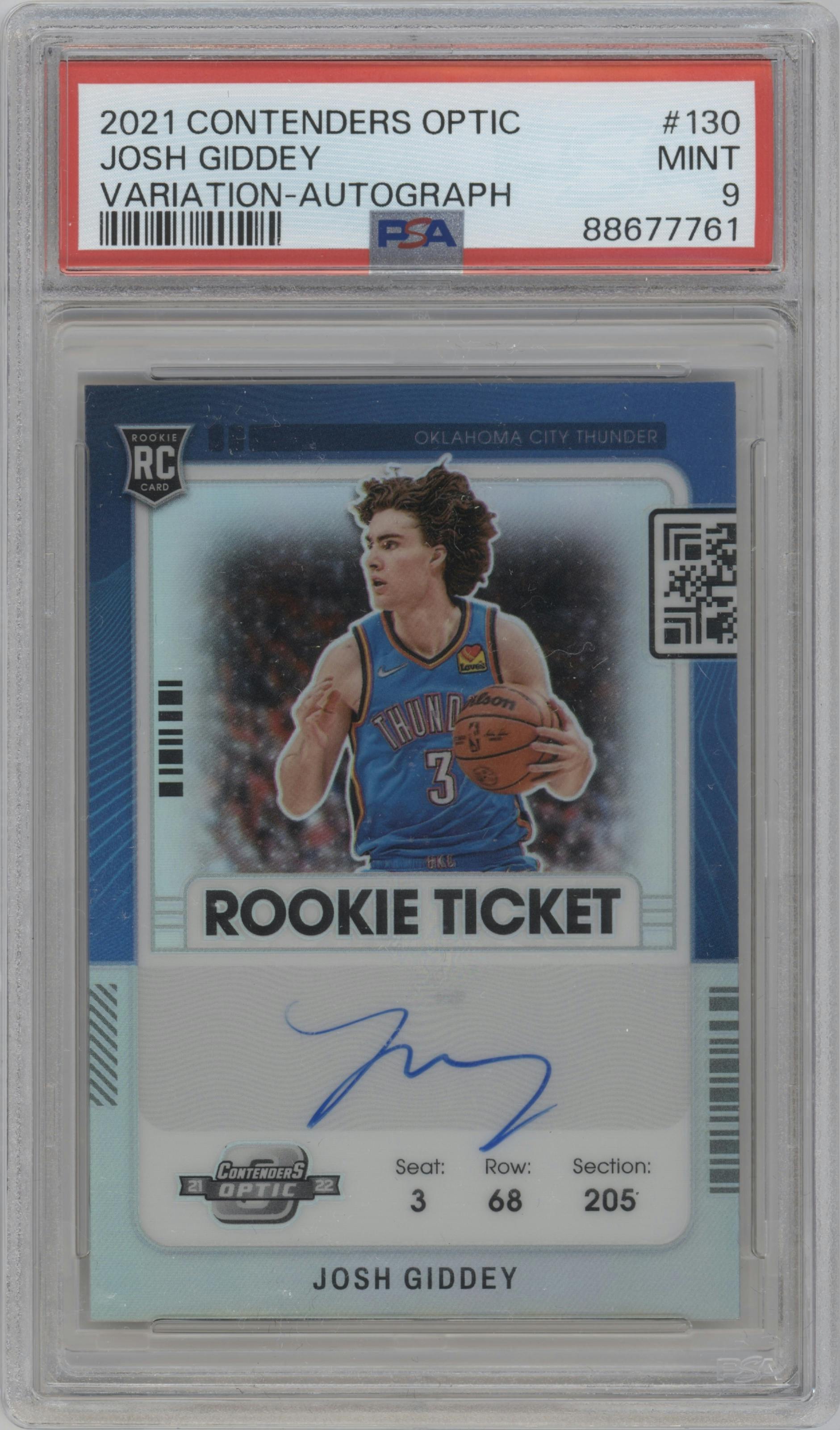 Josh Giddey from the 2021-22 Panini Contenders Optic set graded by PSA and given an overall grade of 9.