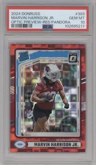 Marvin Harrison Jr. from the 2024 Donruss set featuring a Red Pandora parallel graded by PSA and given an overall grade of 10.