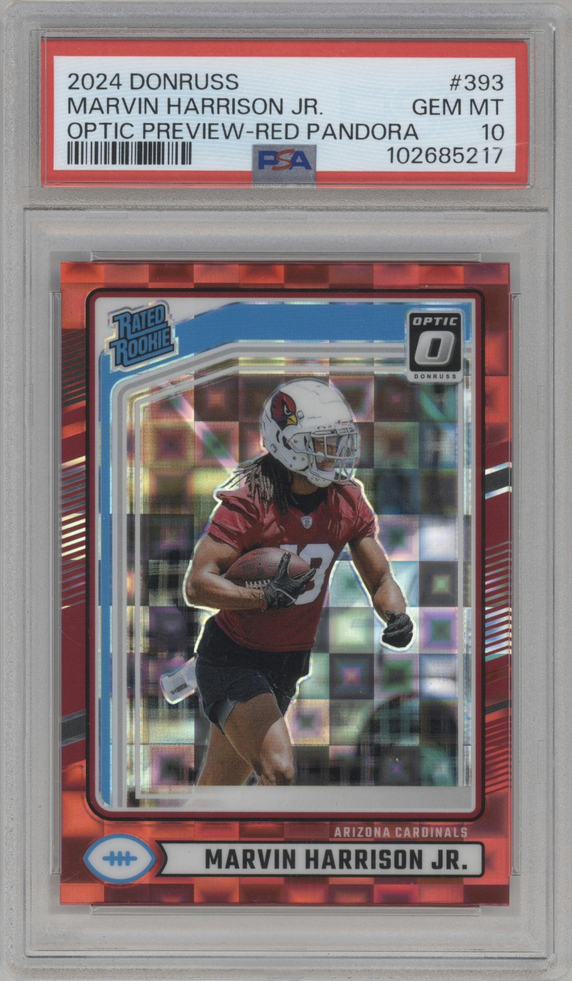 Marvin Harrison Jr. from the 2024 Donruss set featuring a Red Pandora parallel graded by PSA and given an overall grade of 10.