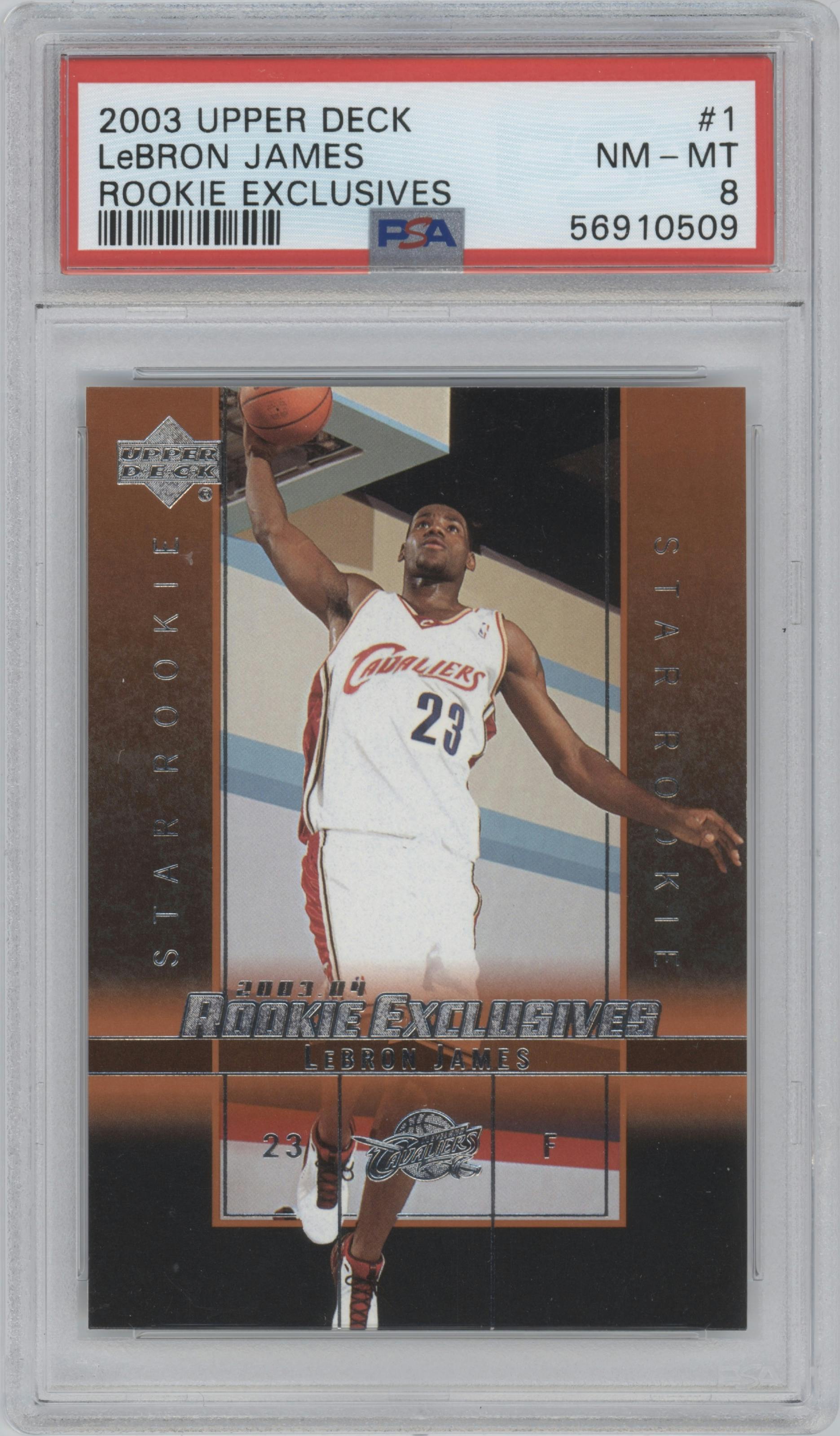 LeBron James from the 2003-04 Upper Deck Rookie Exclusives set graded by PSA and given an overall grade of 8.