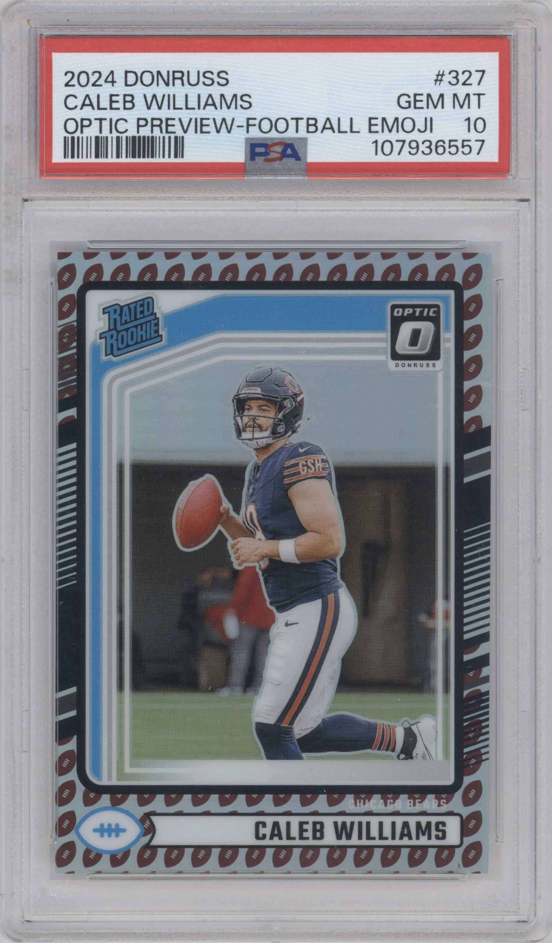 Caleb Williams from the 2024 Donruss set featuring a Football Emoji parallel graded by PSA and given an overall grade of 10.