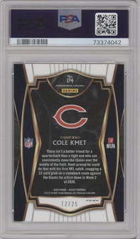 Cole Kmet from the 2020 Panini Select set featuring a Tie-Dye parallel graded by PSA and given an overall grade of 10.