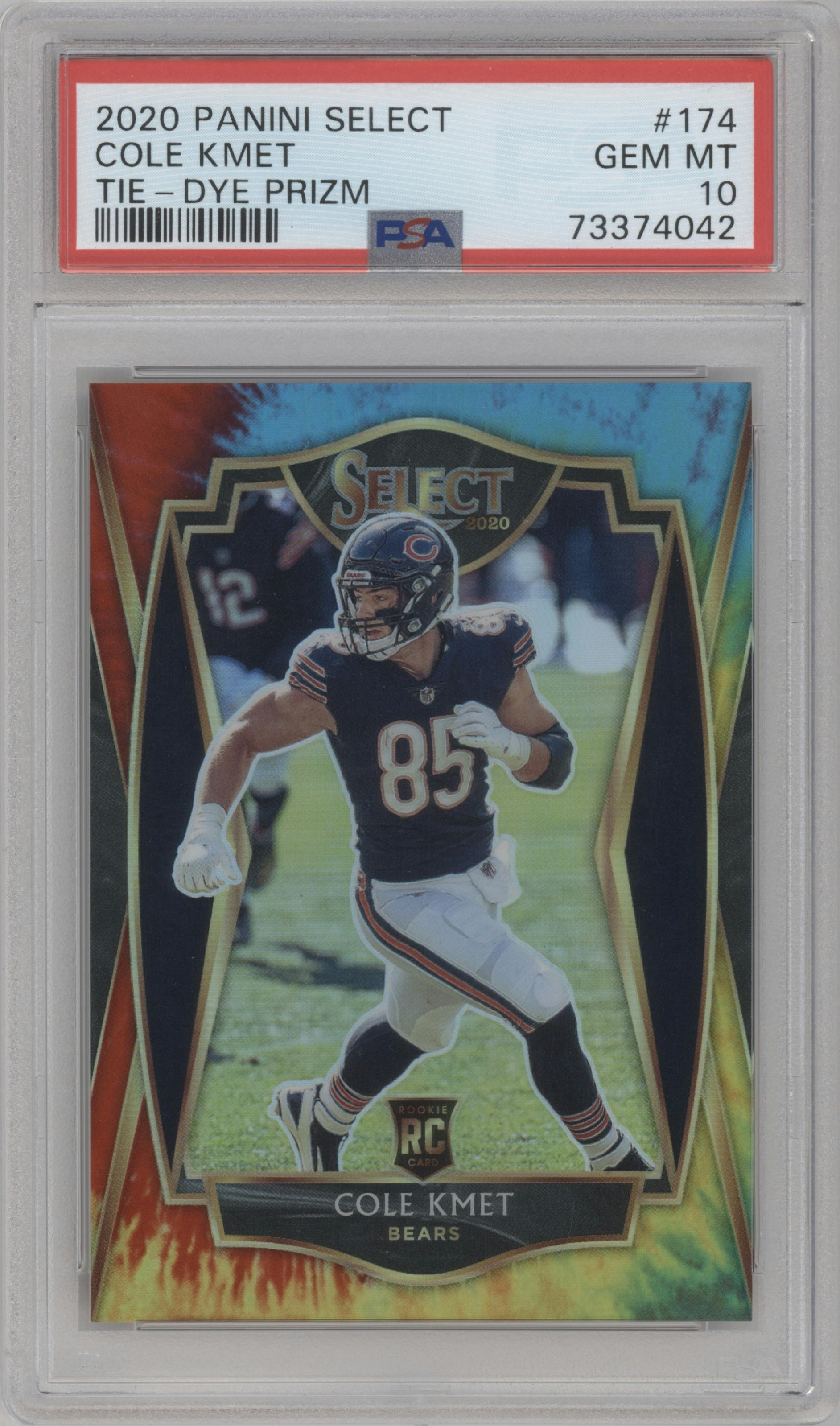 Cole Kmet from the 2020 Panini Select set featuring a Tie-Dye parallel graded by PSA and given an overall grade of 10.