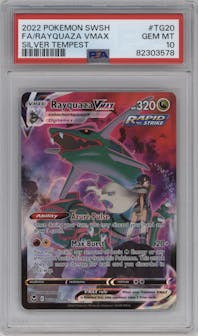 Rayquaza VMAX from the 2022 Pokemon SWSH set graded by PSA and given an overall grade of 10.