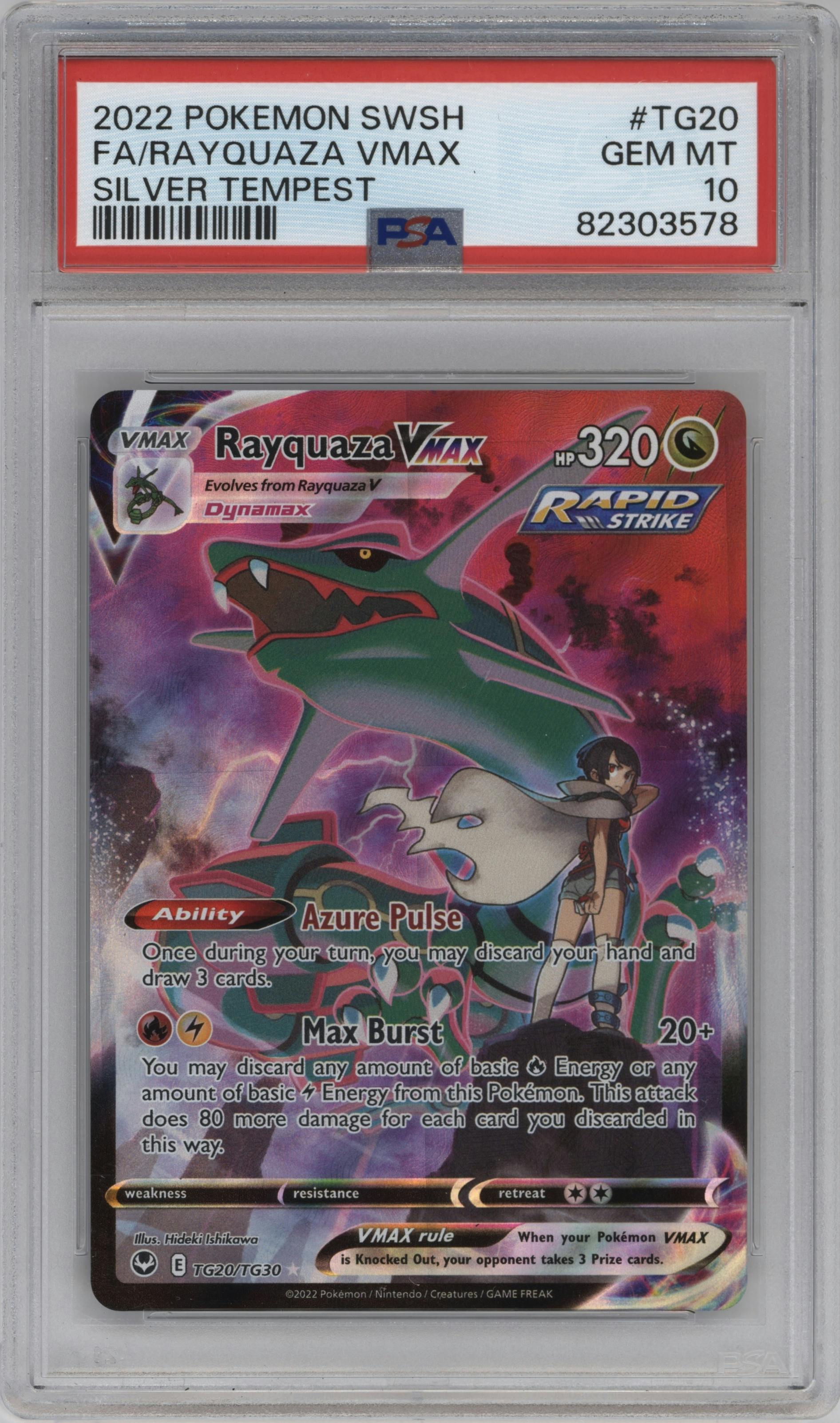 Rayquaza VMAX from the 2022 Pokemon SWSH set graded by PSA and given an overall grade of 10.