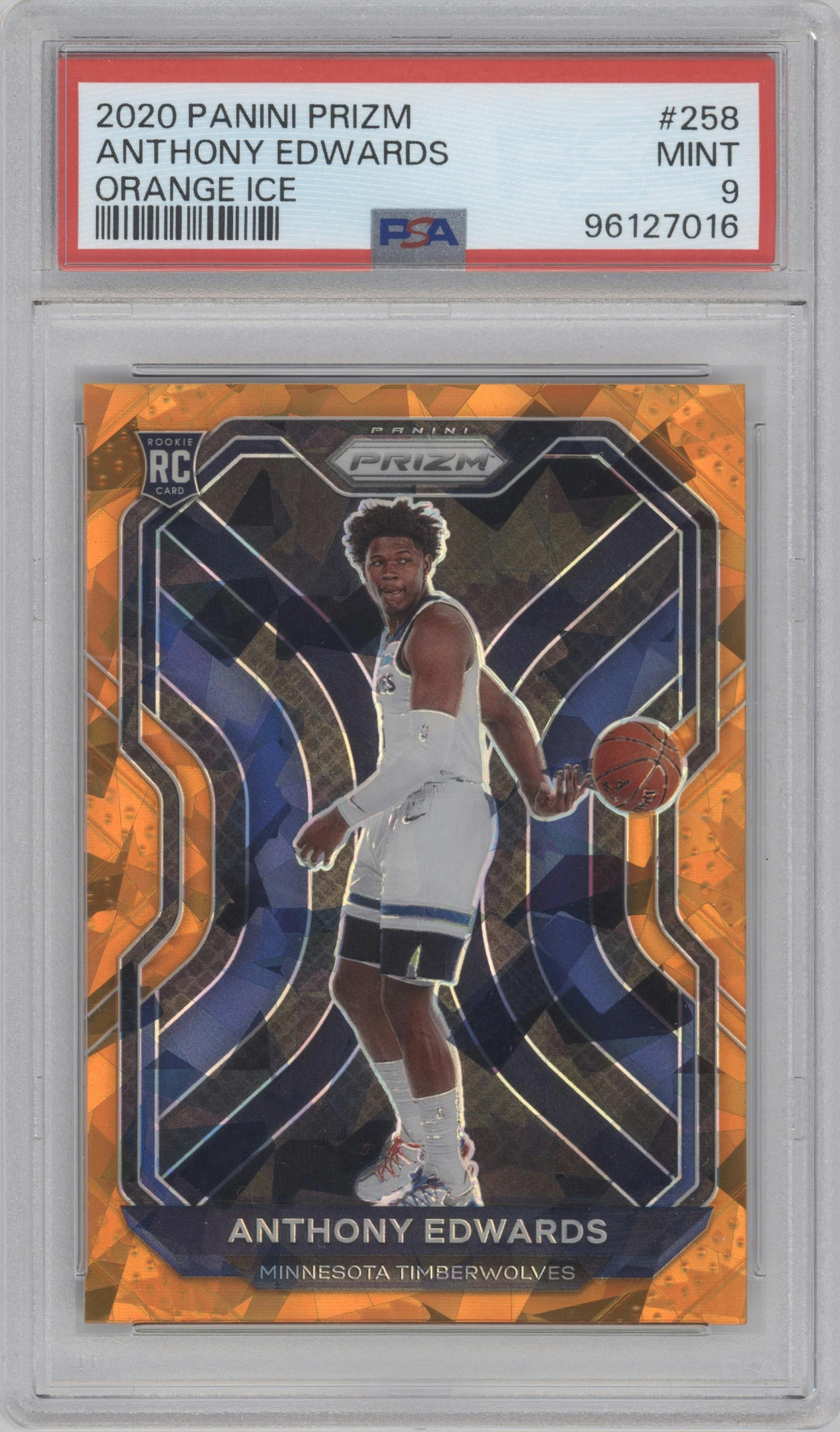 Anthony Edwards from the 2020-21 Panini Prizm set featuring a Orange Ice parallel graded by PSA and given an overall grade of 9.