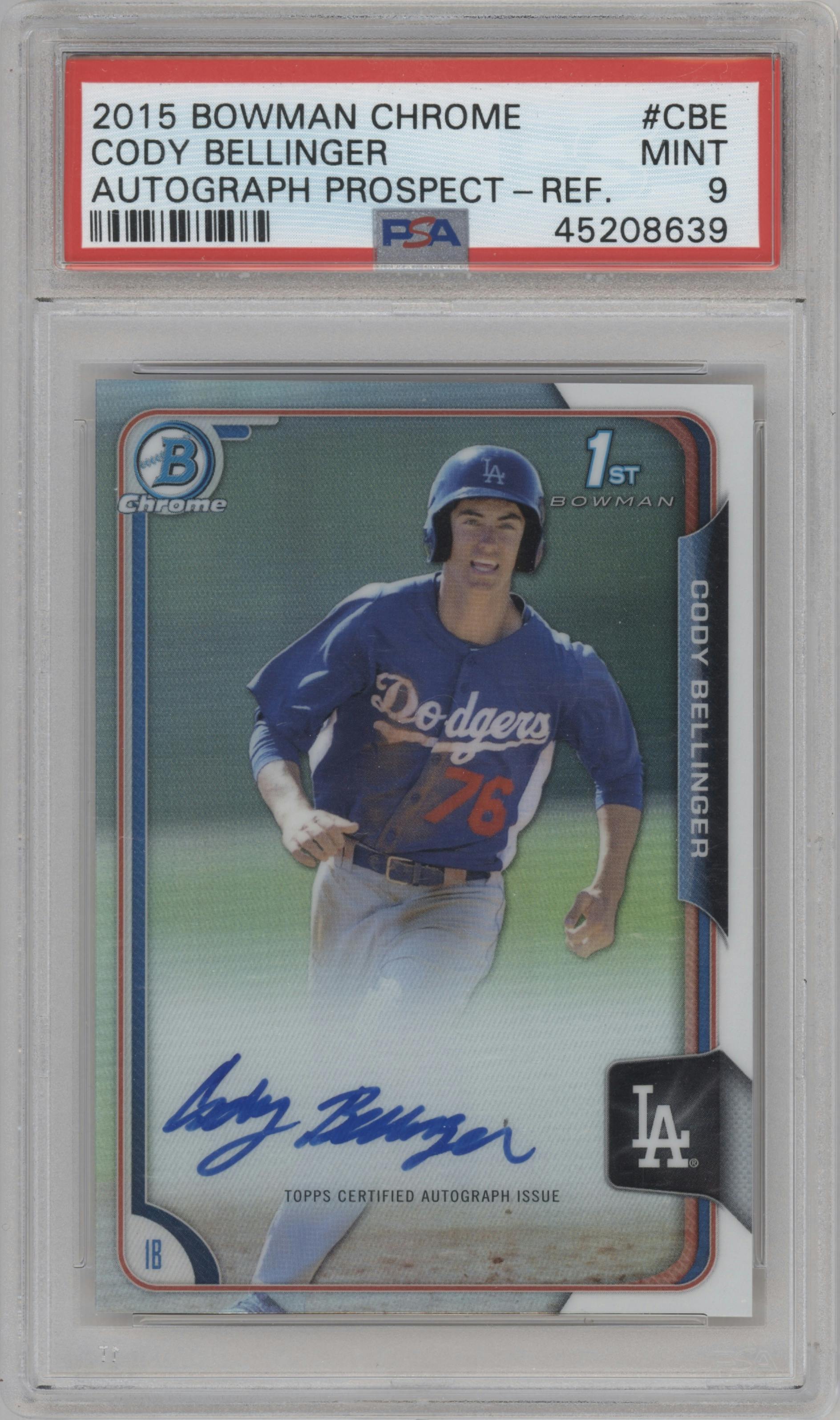 Cody Bellinger from the 2015 Bowman Chrome set featuring a Refractor parallel graded by PSA and given an overall grade of 9.