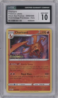 Charizard from the 2020 Pokemon SWSH set featuring a Vivid Voltage Prerelease promo parallel graded by CSG and given an overall grade of 10.