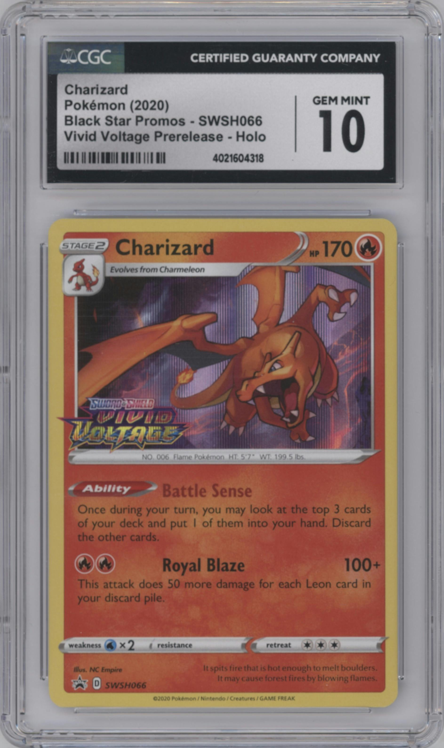 Charizard from the 2020 Pokemon SWSH set featuring a Vivid Voltage Prerelease promo parallel graded by CSG and given an overall grade of 10.