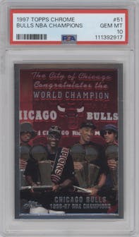 Chicago Bulls NBA Champions from the 1997-98 Topps Chrome set graded by PSA and given an overall grade of 10.