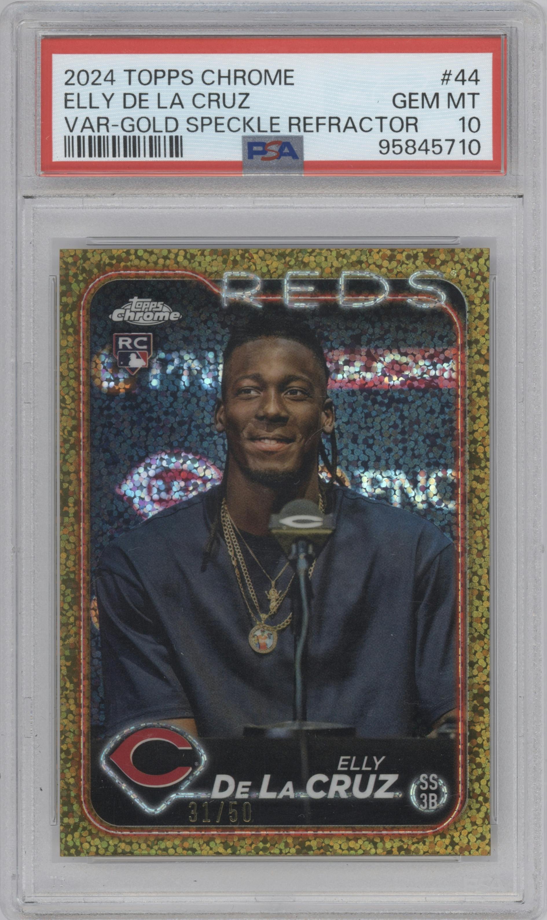 Elly De La Cruz from the 2024 Topps Chrome set featuring a Gold Speckle Refractor parallel graded by PSA and given an overall grade of 10.