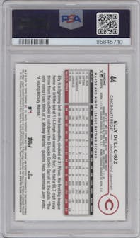 Elly De La Cruz from the 2024 Topps Chrome set featuring a Gold Speckle Refractor parallel graded by PSA and given an overall grade of 10.