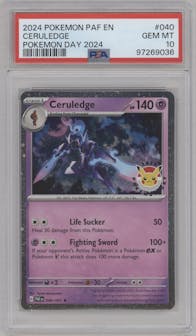 Ceruledge from the 2024 Pokemon SV set featuring a Pokemon Day 2024 parallel graded by PSA and given an overall grade of 10.