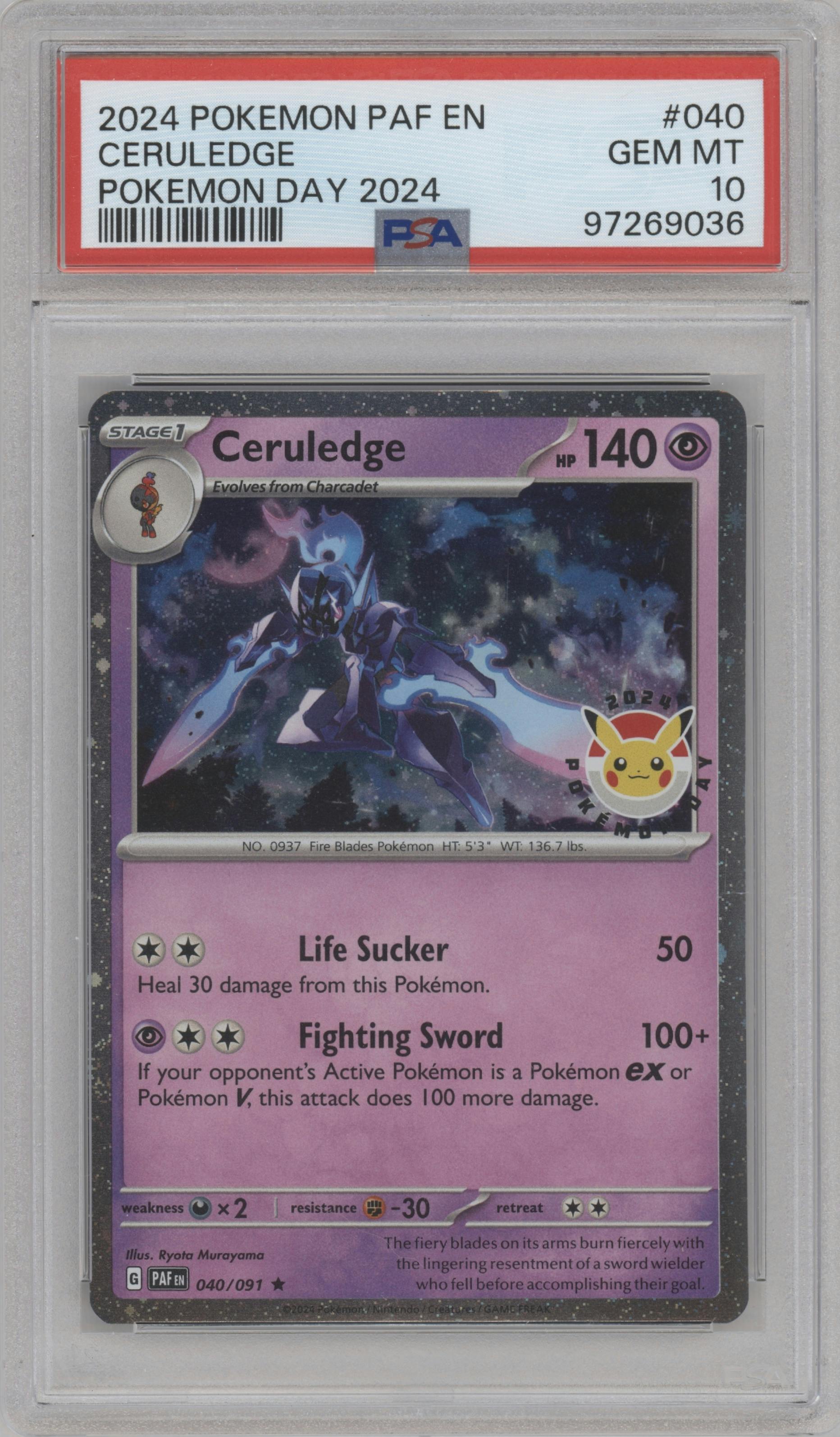 Ceruledge from the 2024 Pokemon SV set featuring a Pokemon Day 2024 parallel graded by PSA and given an overall grade of 10.