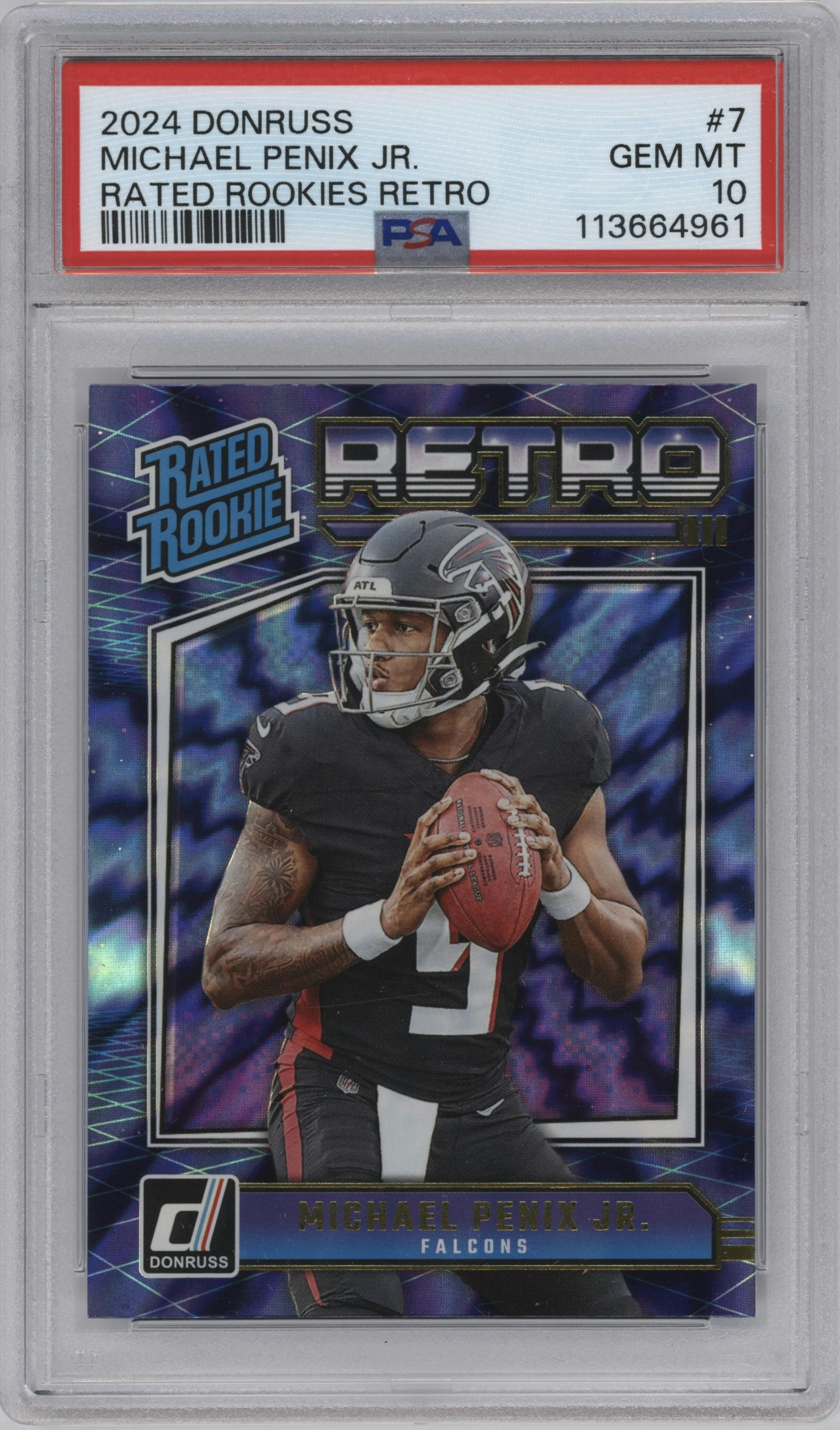 Michael Penix Jr. from the 2024 Donruss set graded by PSA and given an overall grade of 10.