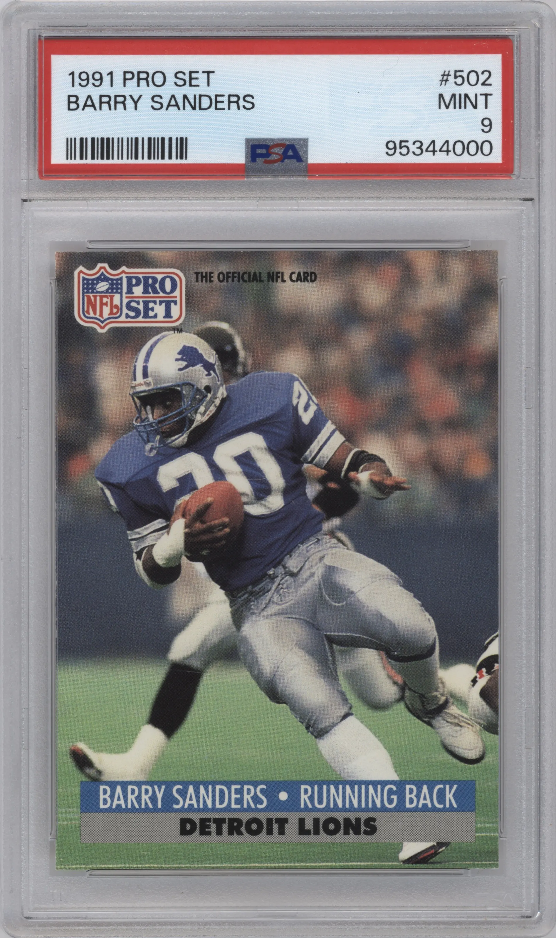 Barry Sanders from the 1991 Pro Set set graded by PSA and given an overall grade of 9.