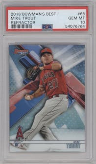 Mike Trout from the 2018 Bowman’s Best set featuring a Refractor parallel graded by PSA and given an overall grade of 10.