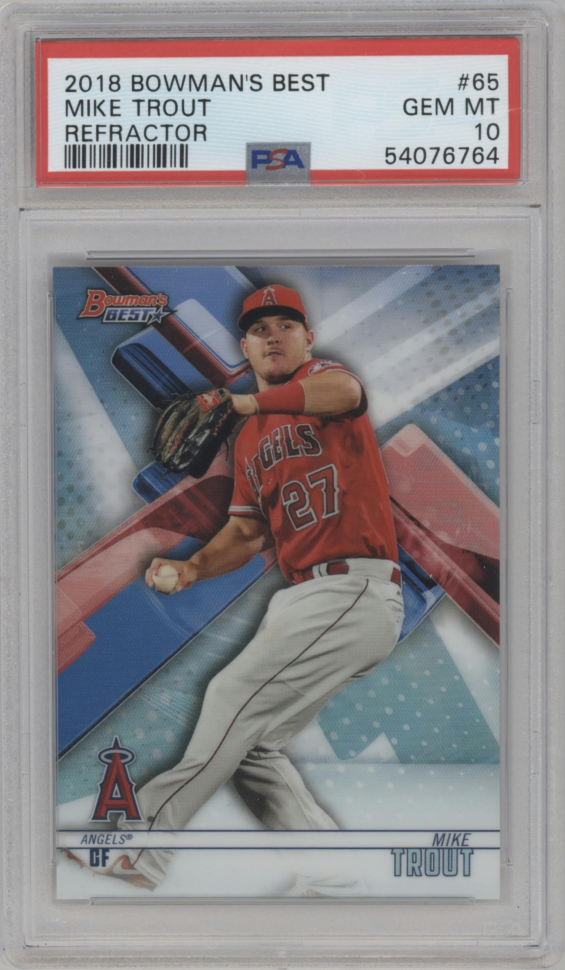 Mike Trout from the 2018 Bowman’s Best set featuring a Refractor parallel graded by PSA and given an overall grade of 10.