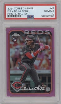 Elly De La Cruz from the 2024 Topps Chrome set featuring a Pink Refractor parallel graded by PSA and given an overall grade of 10.