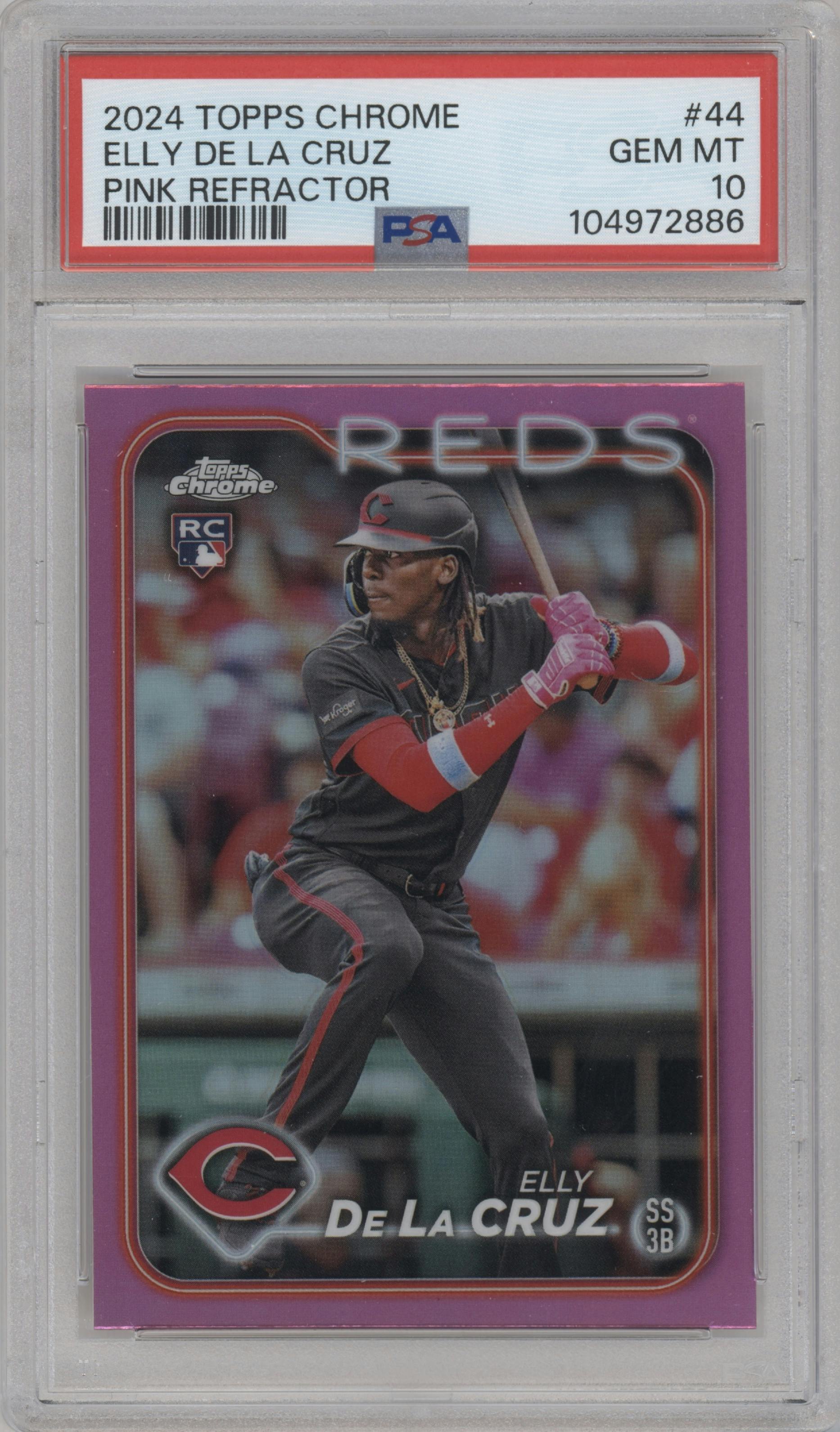 Elly De La Cruz from the 2024 Topps Chrome set featuring a Pink Refractor parallel graded by PSA and given an overall grade of 10.