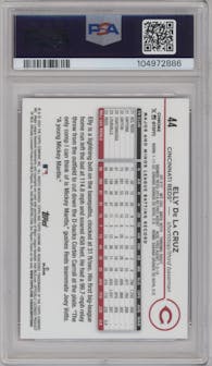 Elly De La Cruz from the 2024 Topps Chrome set featuring a Pink Refractor parallel graded by PSA and given an overall grade of 10.
