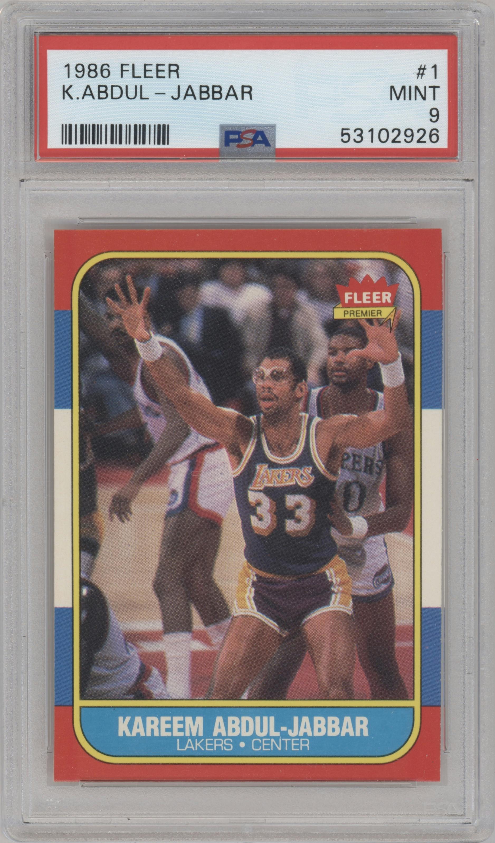 Kareem Abdul-Jabbar from the 1986-87 Fleer set graded by PSA and given an overall grade of 9.