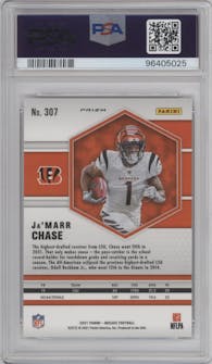 Ja'Marr Chase from the 2021 Panini Mosaic set featuring a Honeycomb parallel graded by PSA and given an overall grade of 10.